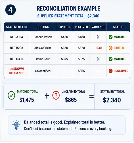 Travel commission reconciliation example showing matched partial and unclaimed supplier statement payments