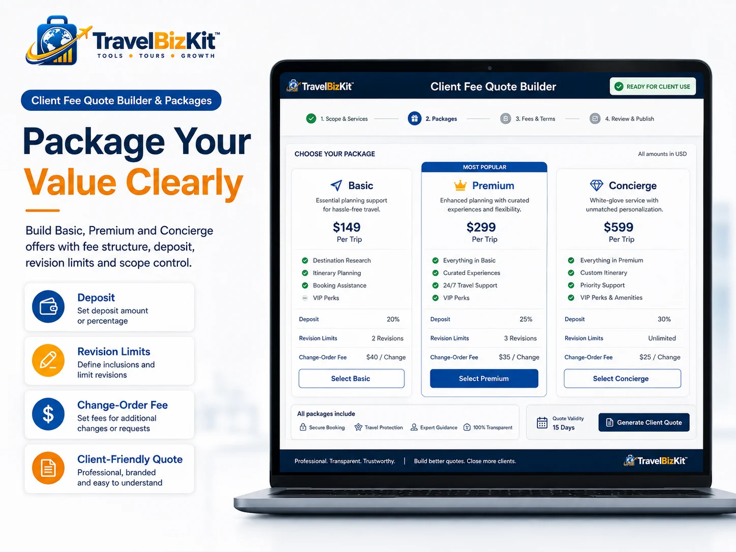 Travel advisor fee package builder for Basic Premium and Concierge planning services