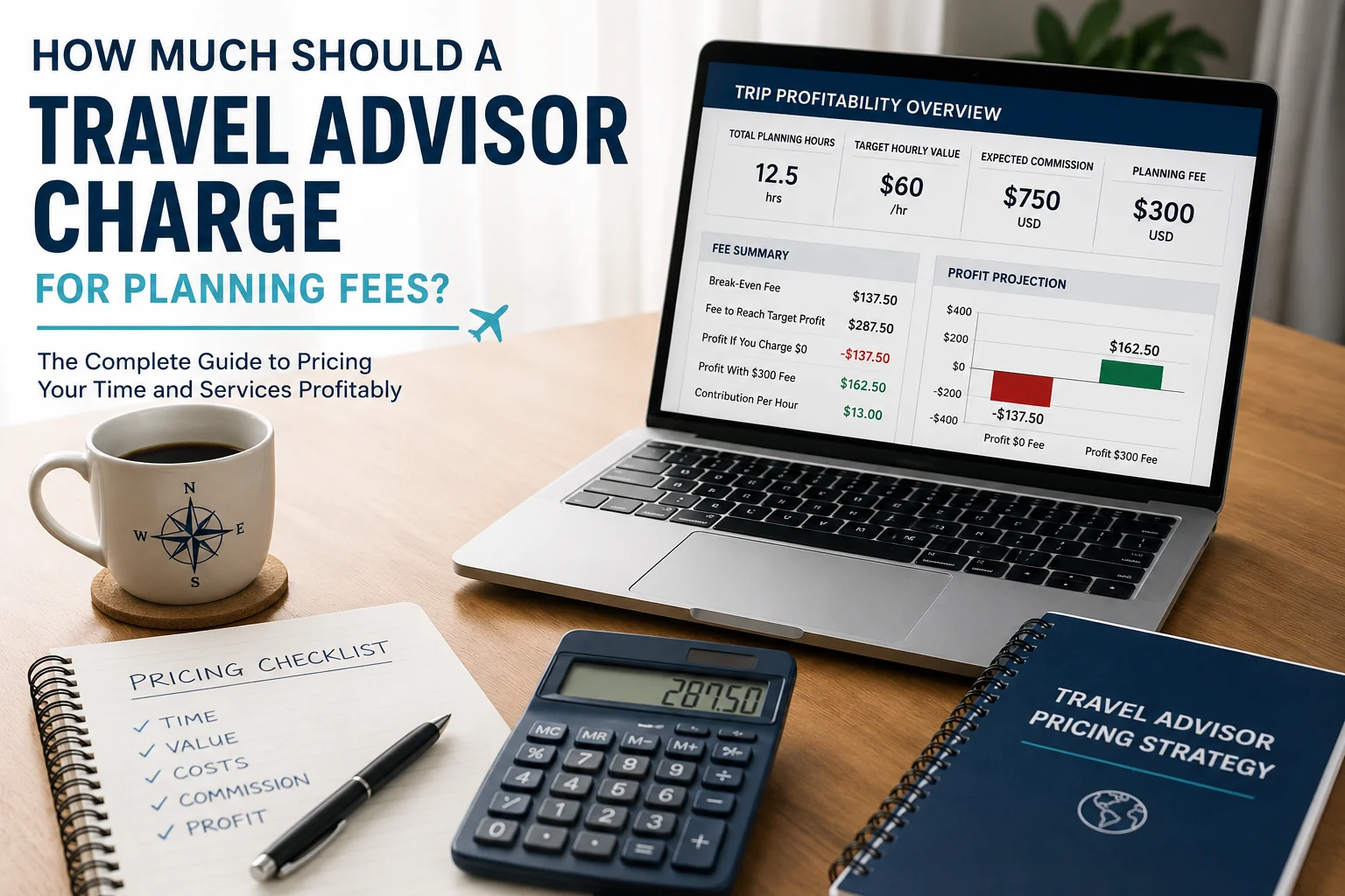 Travel advisor planning fee profitability example using planning hours commission and target profit