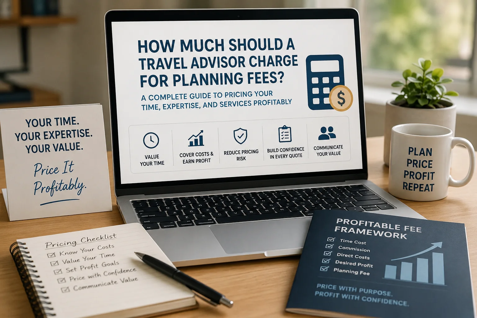 Travel advisor reviewing planning fee strategy based on time value costs and profit