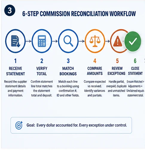 Six step travel agency commission reconciliation workflow from supplier statement to matched bookings
