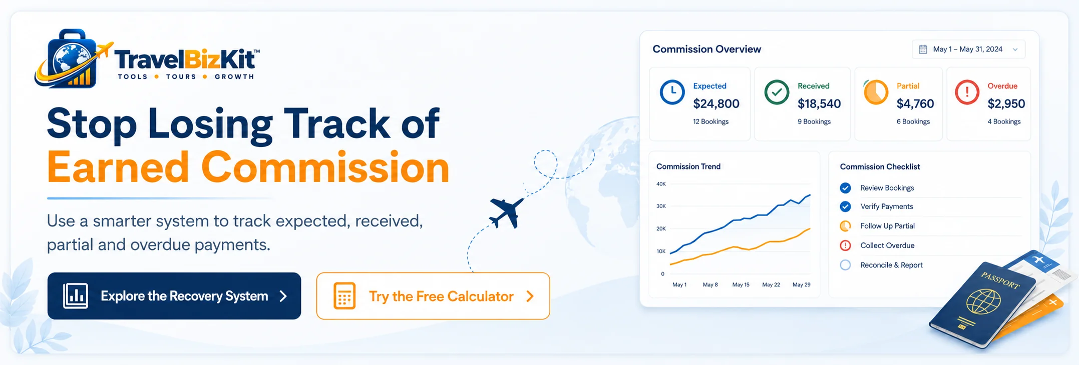 TravelBizKit Commission Recovery System for tracking earned and overdue travel commissions